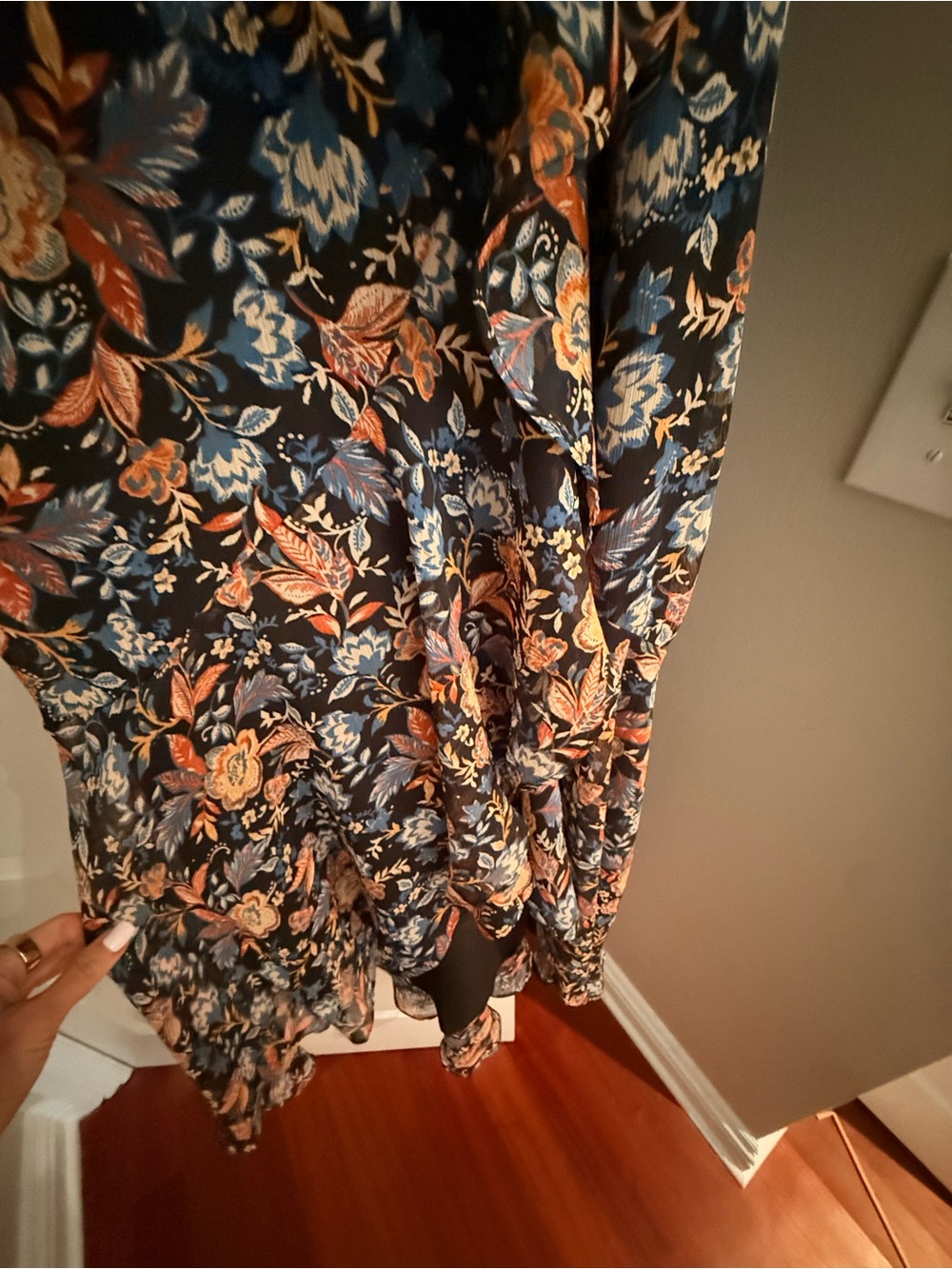 Express Navy Floral Asymmetrical Slip Dress with Coral Accents - Picture 3 of 5
